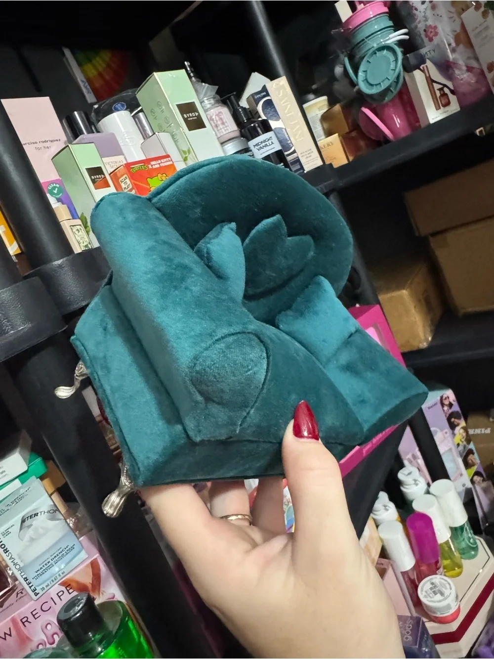 Teal Velvet Heart Accent Mini Sofa Jewelry box